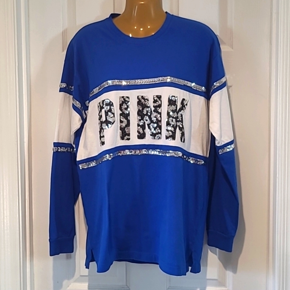 PINK Blue Sequin Long Sleeve Tee Shirt